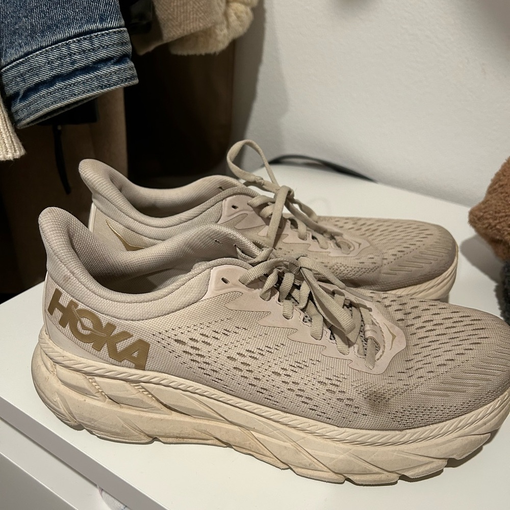 Hoka size 9 used, beige neutral pink with gold letters